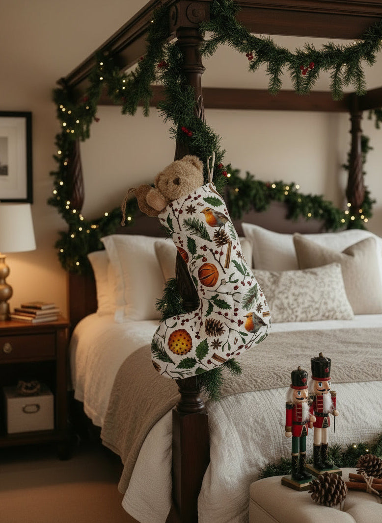 Christmas stocking with nature-themed design and a teddy bear peeking out styled in a bedroom with four poster bed, warm inviting scene with christmas foliage