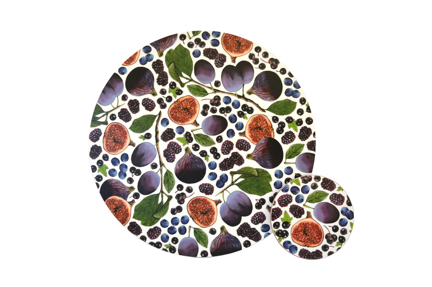 Cutout of figs, plums, berries Purple placemat and coaster