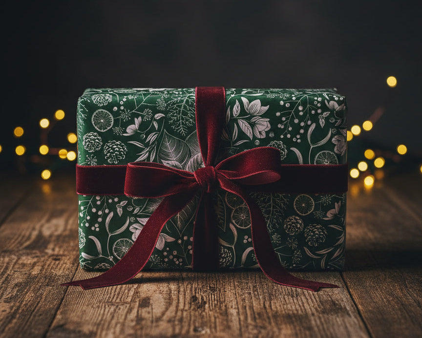 Floral patterned Christmas wrapping paper with luxury burgundy ribbon and rustic wooden desk