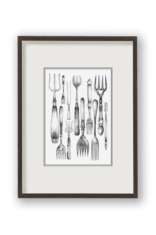 Vintage fork monochrome illustration pictured double mounted in a black frame