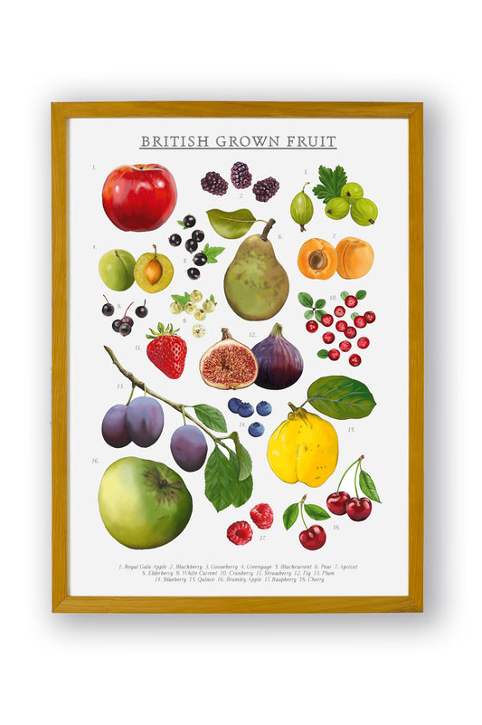 Colourfully illustrated British grown fruit wall print shown in a natural wooden frame