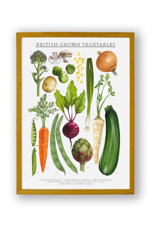 Colourfully illustrated British grown vegetable wall print shown in a natural wooden frame