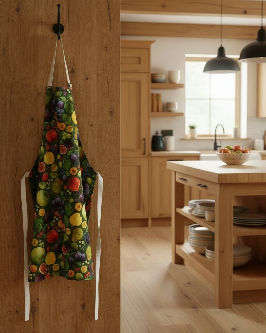 Colorful apron with fruit pattern hanging in a wooden beautiful country kitchen, the perfect accessory