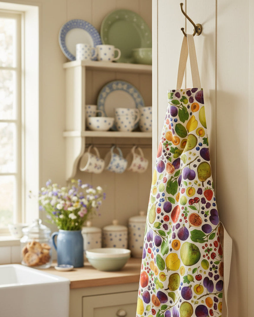 Colorful apron with fruit pattern hanging in a country style kitchen
