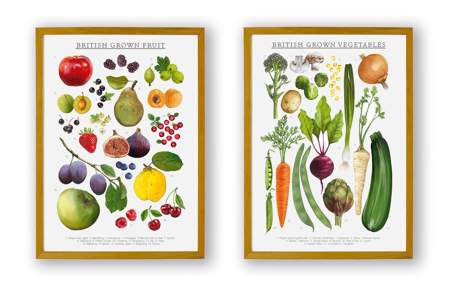 Colourfully illustrated British grown vegetable wall print alongside the British grown fruit wall print which sit perfectly together