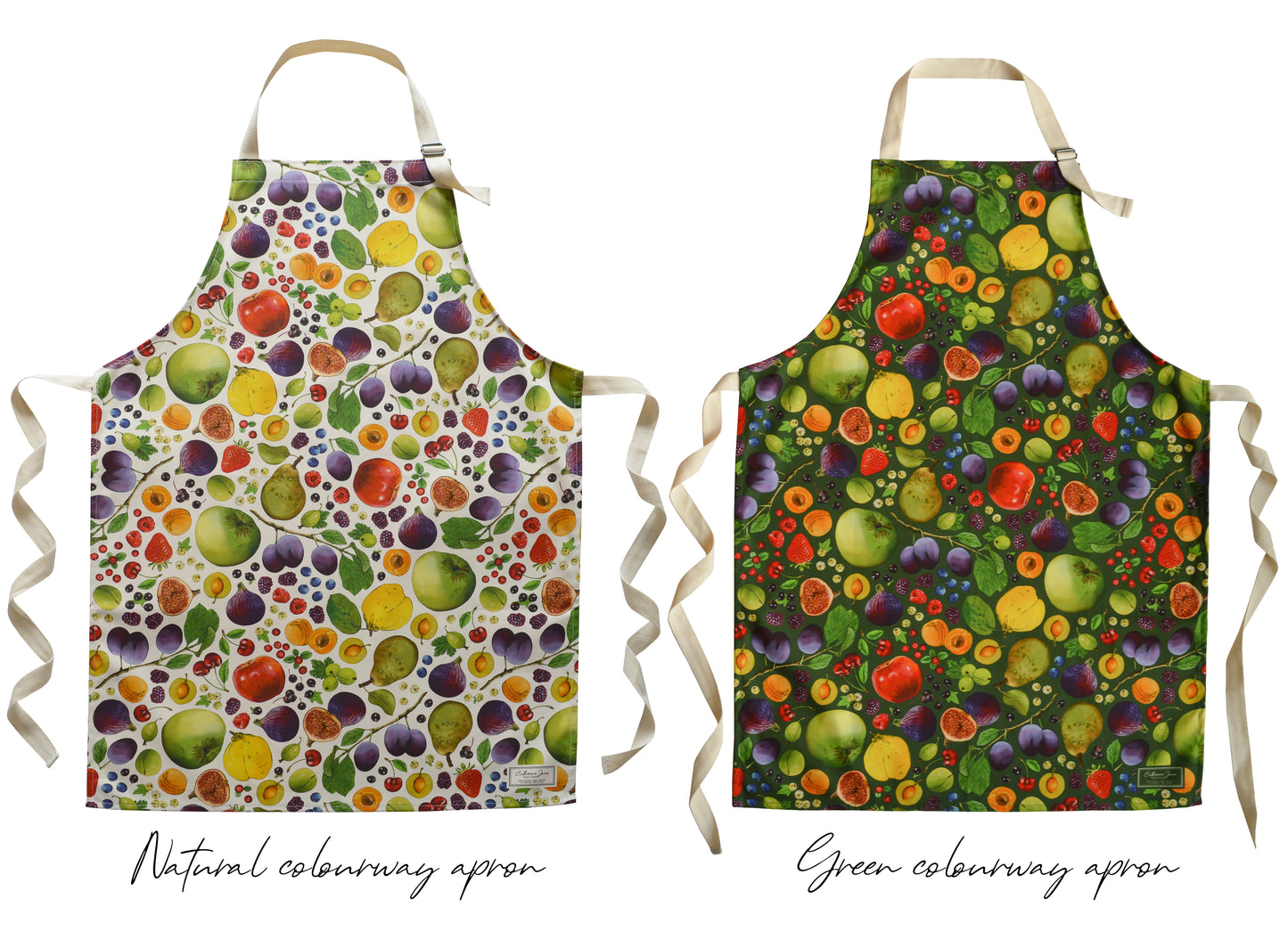 Fruit apron choices for bundle pack, green and natural colour ways