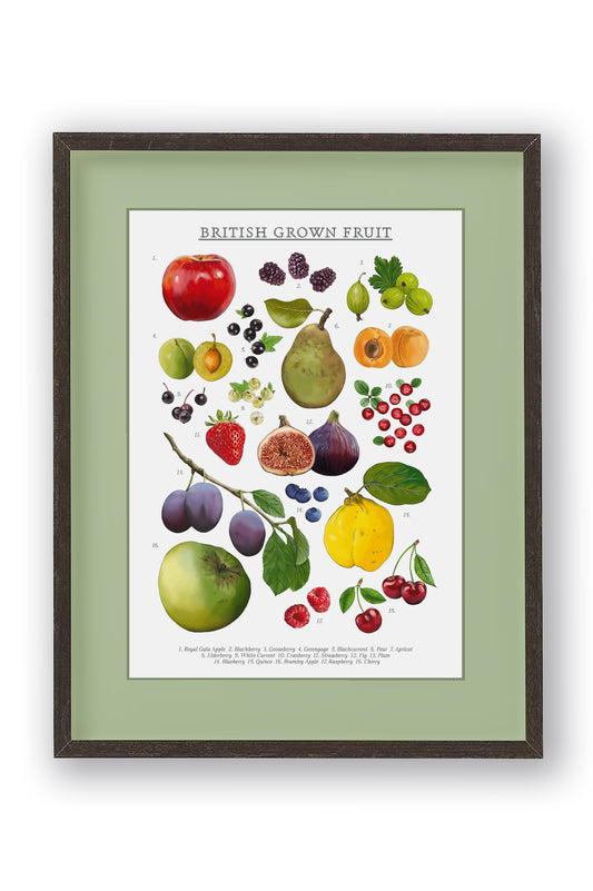 Colourfully illustrated British grown fruit wall print shown in an impactful green mount and modern black frame