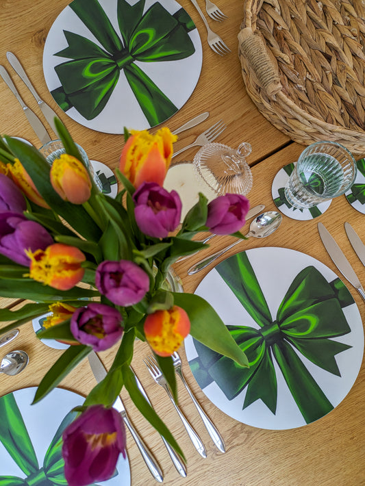 Birdseye view of sustainable green ribbon tableware