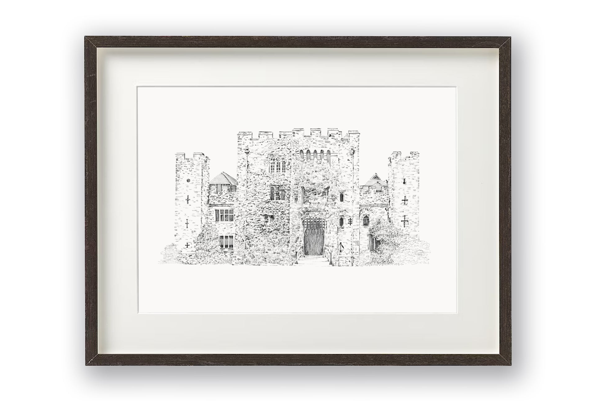 Delicate pen drawing of Hever Castle, one of England's most iconic landmarks. Shown mounted and in a thin black frame