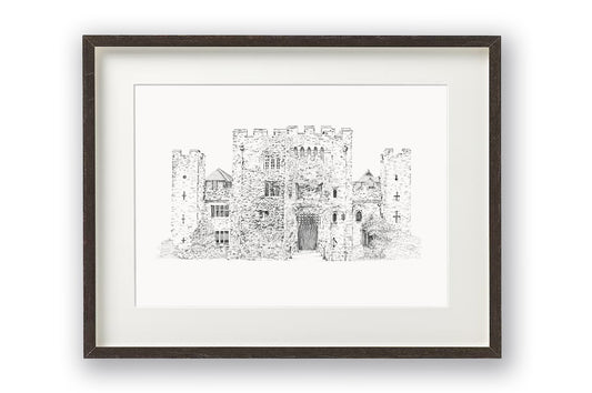 Delicate pen drawing of Hever Castle, one of England's most iconic landmarks. Shown mounted and in a thin black frame