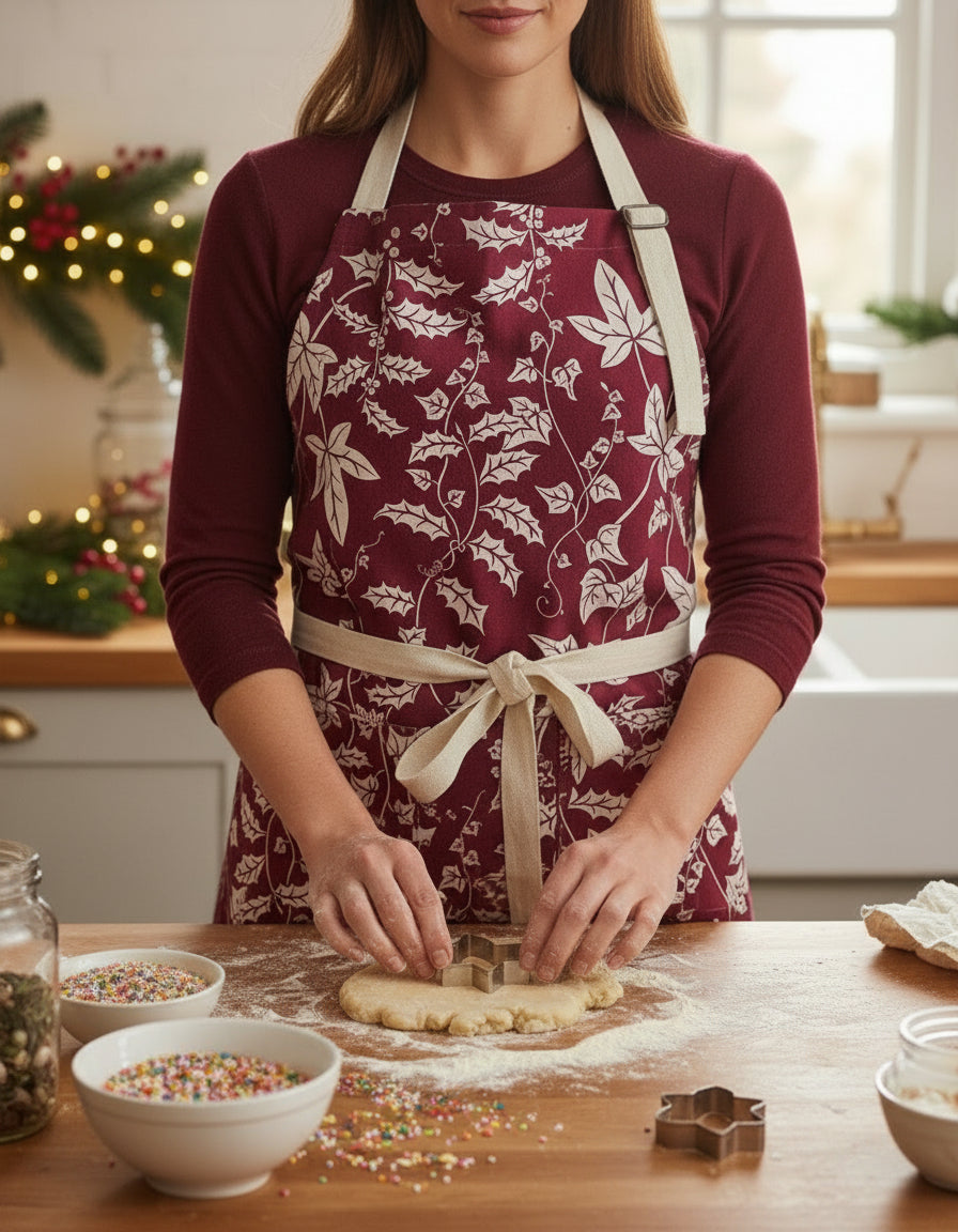Red apron with white floral pattern being worn by a lady baking festive treats in a decorated christmas kitchen