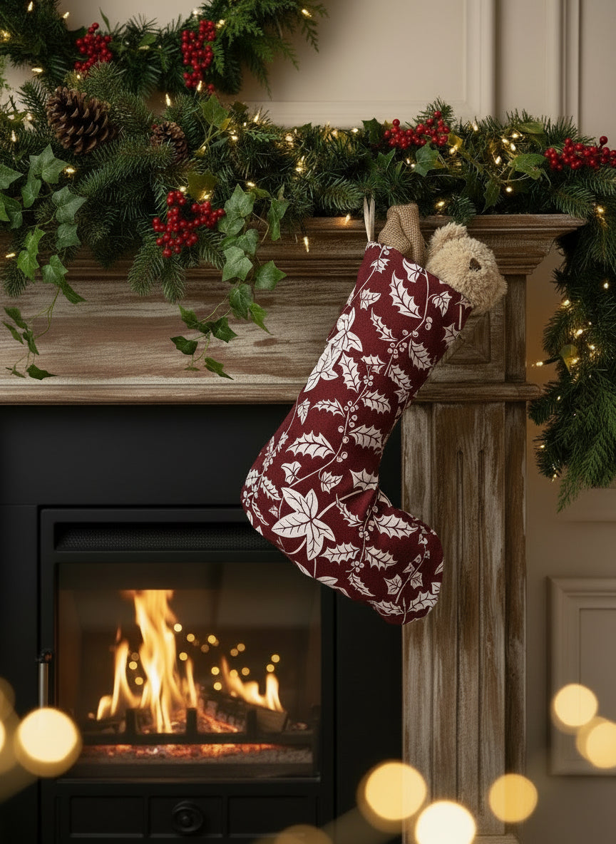Red Christmas stocking with white holly pattern hanging on a lit fire with panelling and twinking lights