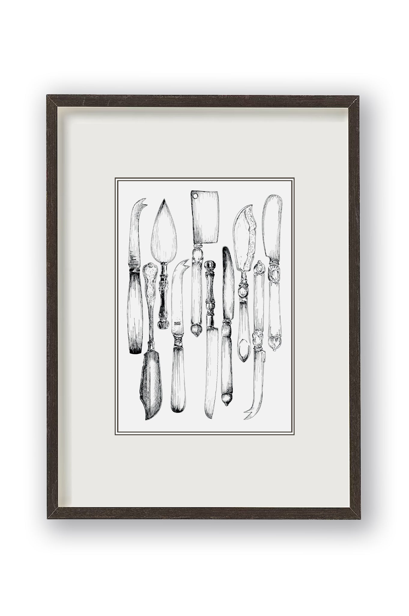 Vintage knife monochrome illustration pictured double mounted in a black frame