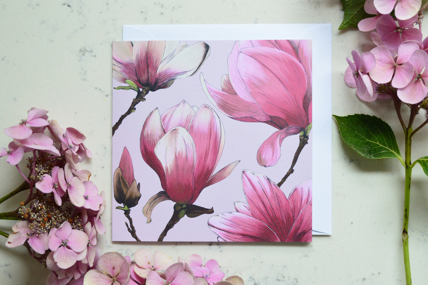 Matching Magnolia pink greetings card, beautiful floral gift card