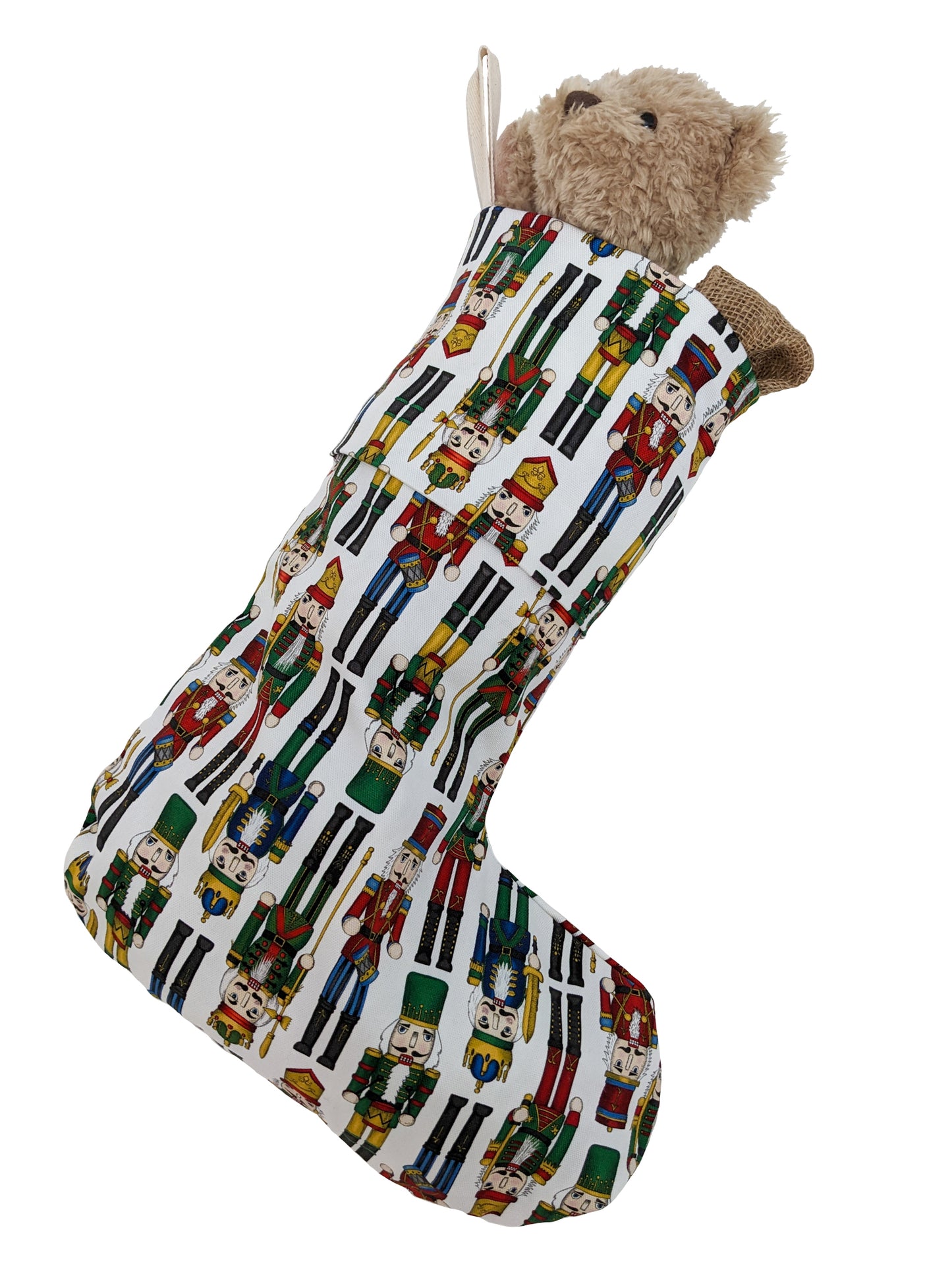 Cutout image of full Nutcracker illustrated colourful Christmas stocking hanging