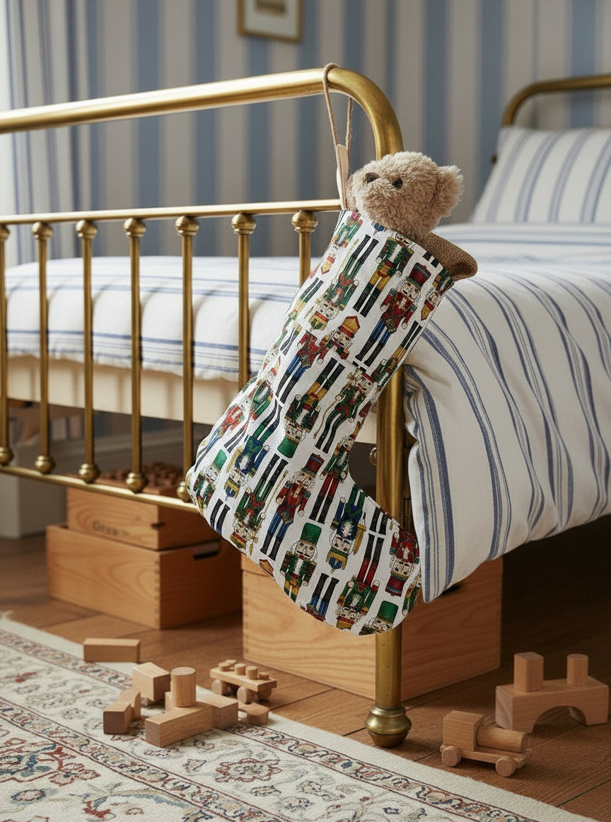 Nutcracker illustrated stocking hung on a gold bed frame in a child's bedroom.
