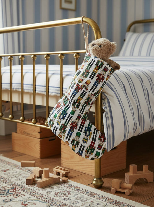 Nutcracker illustrated stocking hung on a gold bed frame in a child's bedroom.