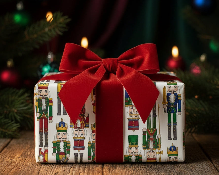 Christmas gift wrapped in nutcracker pattern with red ribbon against a festive background.