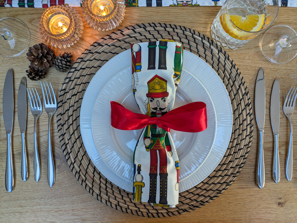 Close up of Nutcracker napkin on a festive laid table