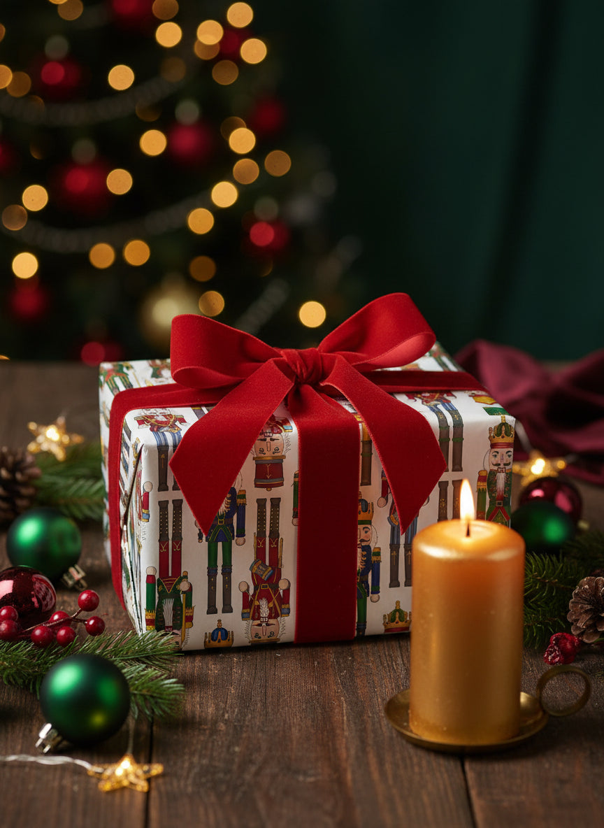 Nutcracker patterned wrapping paper with festive background