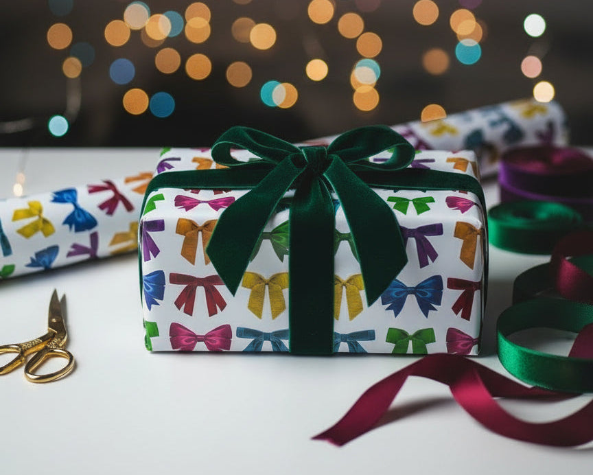 Gift wrapped in colorful bow pattern with green ribbon, scissors on a blurred festive background