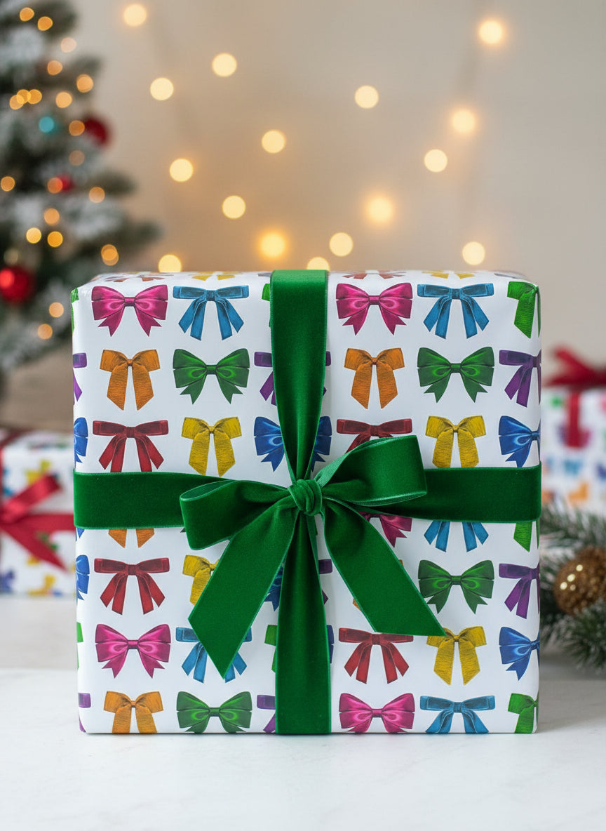 Gift box with colorful bow pattern and green ribbon against a festive background
