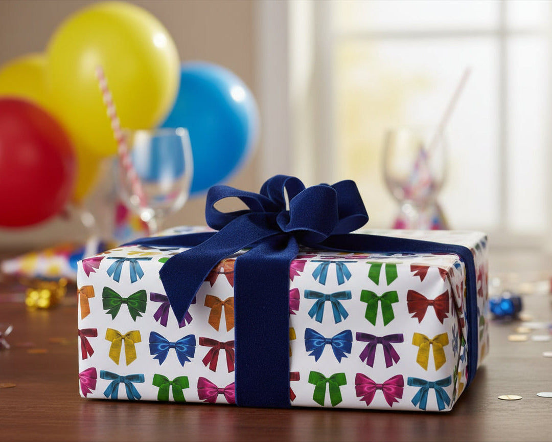 Colourful bow ribbon patterned wrapping paper on a wrapped gift with luxurious velvet ribbon and party background