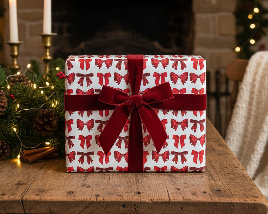 Beautiful red ribbon gift wrap on a wooden table with festive decorations