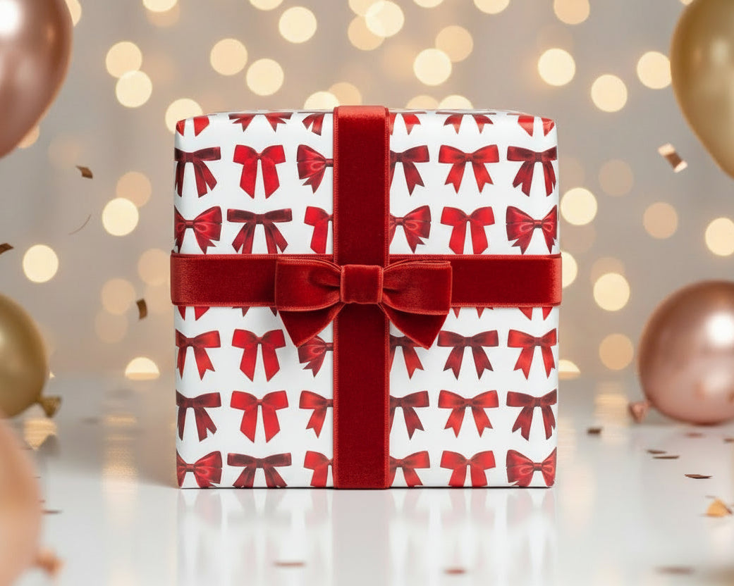 red ribbon gift wrap shown in a celebratory setting 