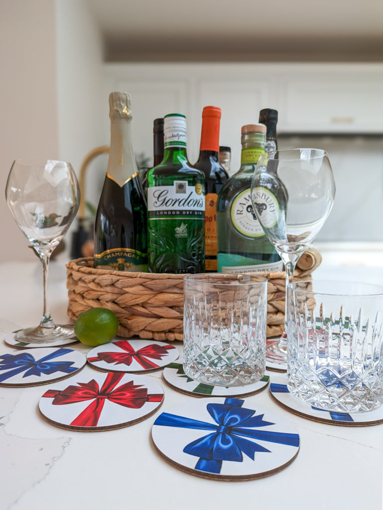 Party ribbon coasters with tray of drinks