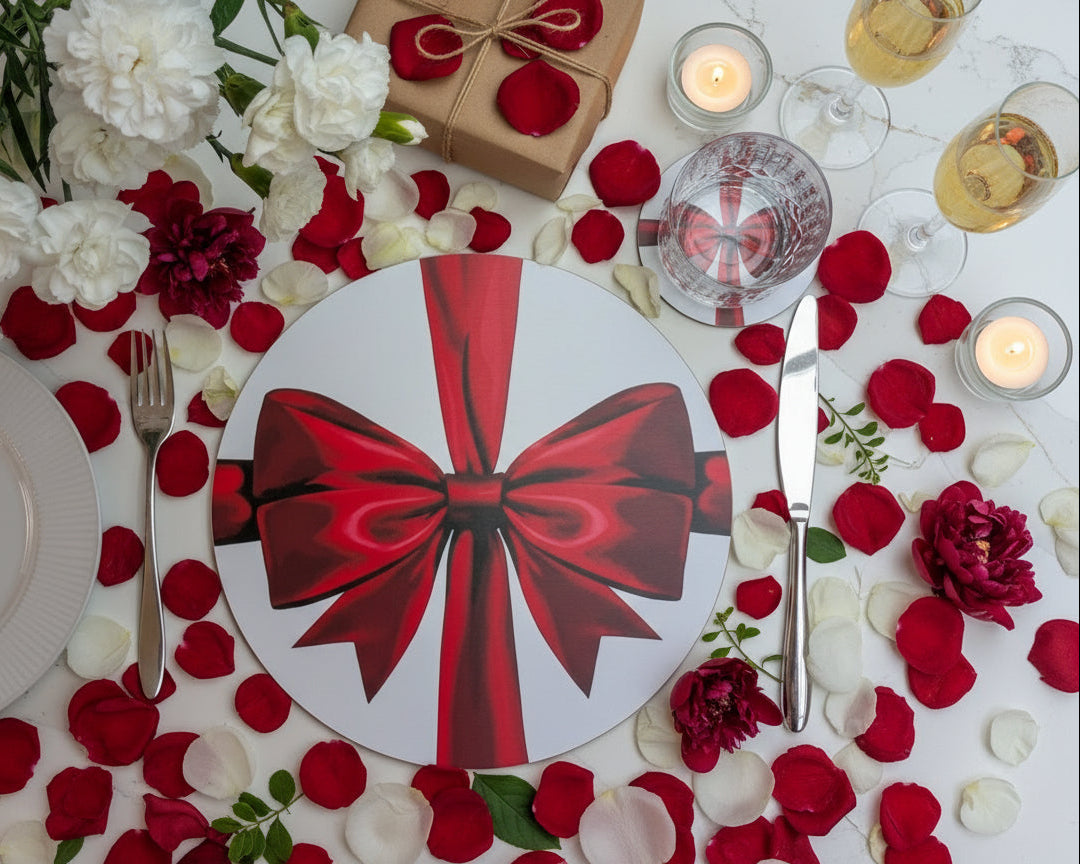 Warm Red ribbon placemat and coaster set shown on a bright marble table with fresh cut flowers, Summer romantic vibes