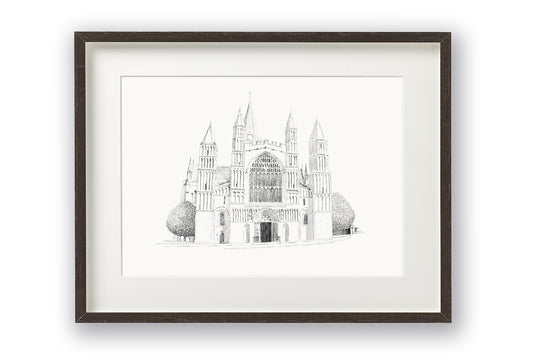 Delicate pen depiction of the historic architecture of Rochester Cathedral shown mounted and in a slick black frame