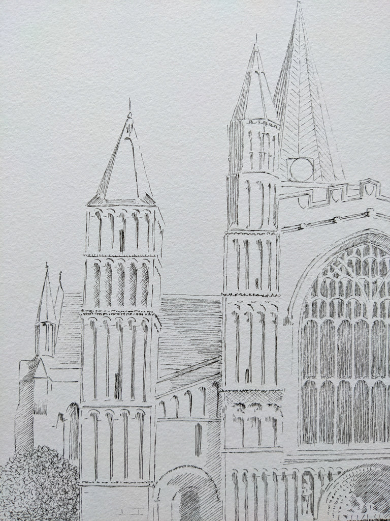 Close up of part of the pen drawing of Rochester Cathedral