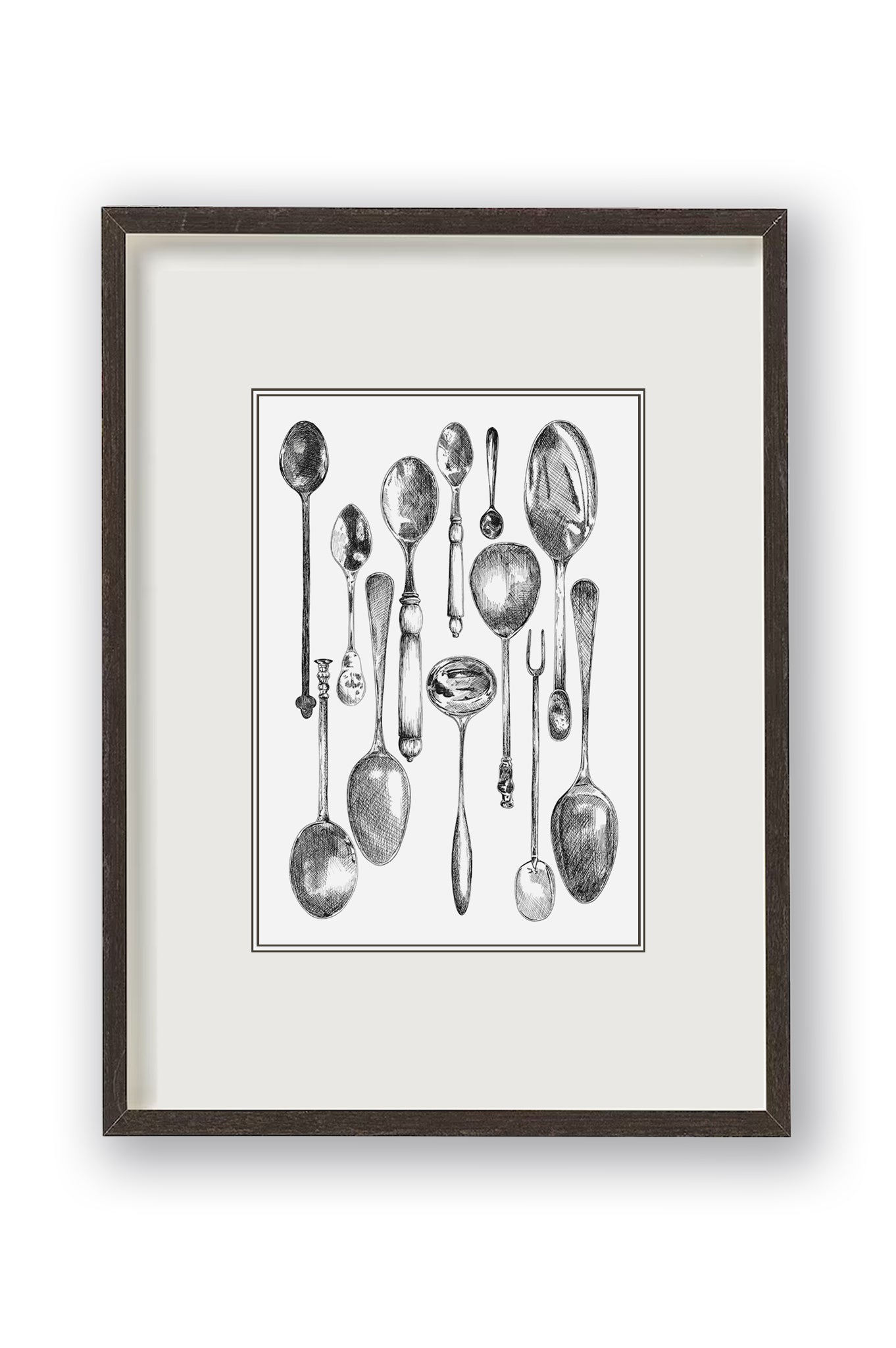 Vintage spoon monochrome illustration pictured double mounted in a black frame