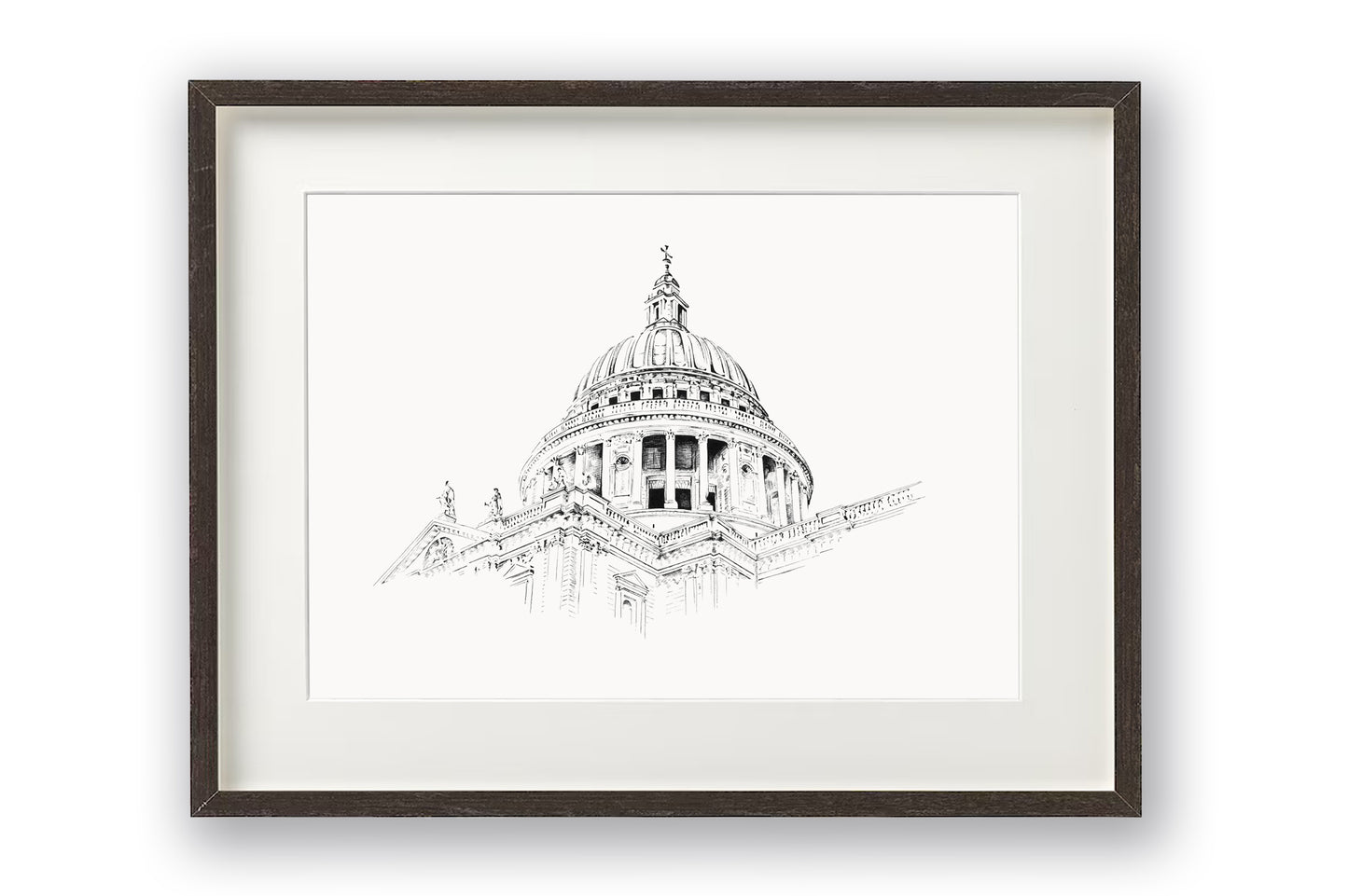 Image of a traditional black pen and ink drawing capturing the historic St. Paul’s Cathedral, London. Shown mounted and in a modern black frame