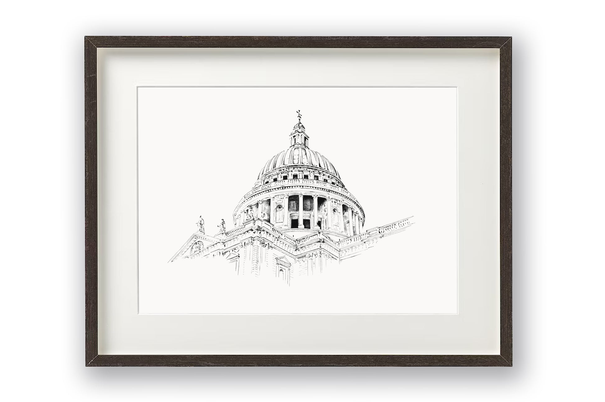 Image of a traditional black pen and ink drawing capturing the historic St. Paul’s Cathedral, London. Shown mounted and in a modern black frame