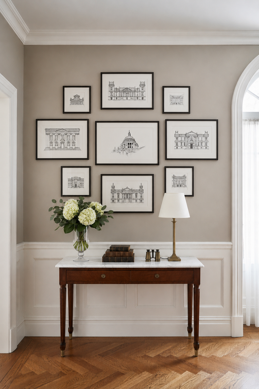 St Paul's Cathedral architectural drawing shown on a gallery wall in a period property entrance