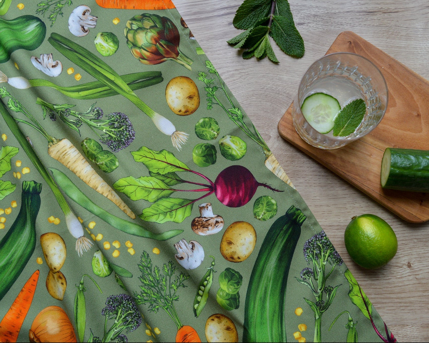 Vegetable patterned fabric, made in England tea towel, rustic warming table image, garden allotment
