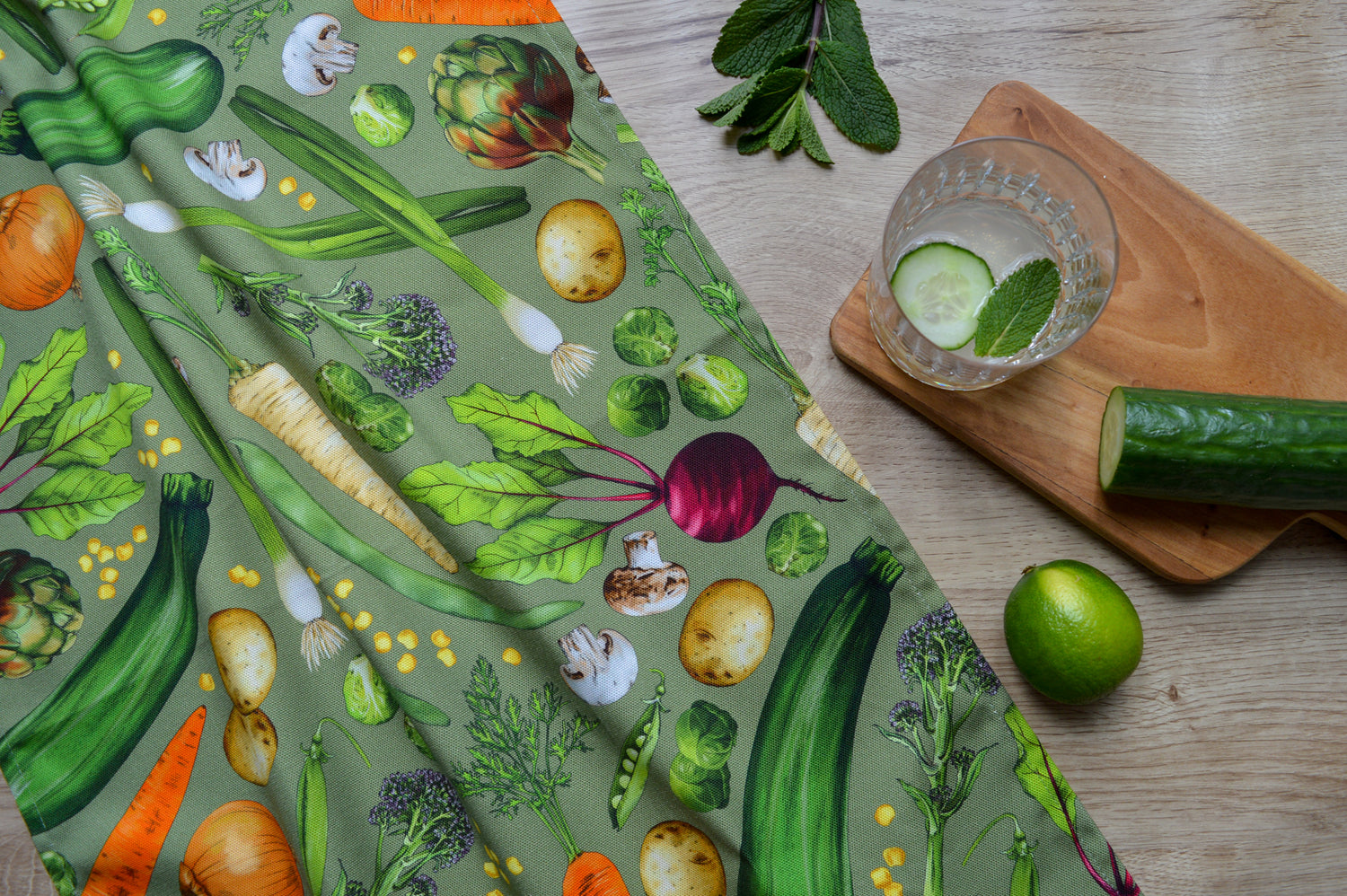 Vegetable patterned fabric, made in England tea towel, rustic warming table image, garden allotment