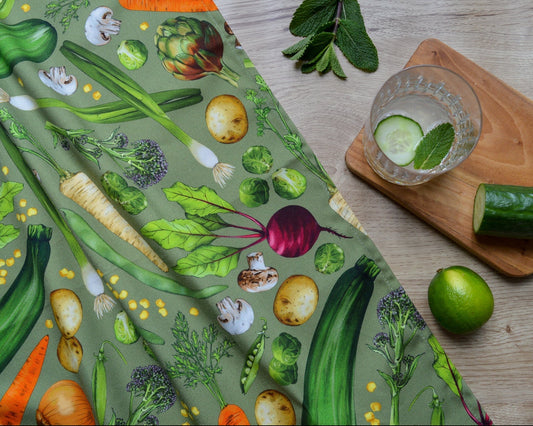 Vegetable patterned fabric, made in England tea towel, rustic warming table image, garden allotment
