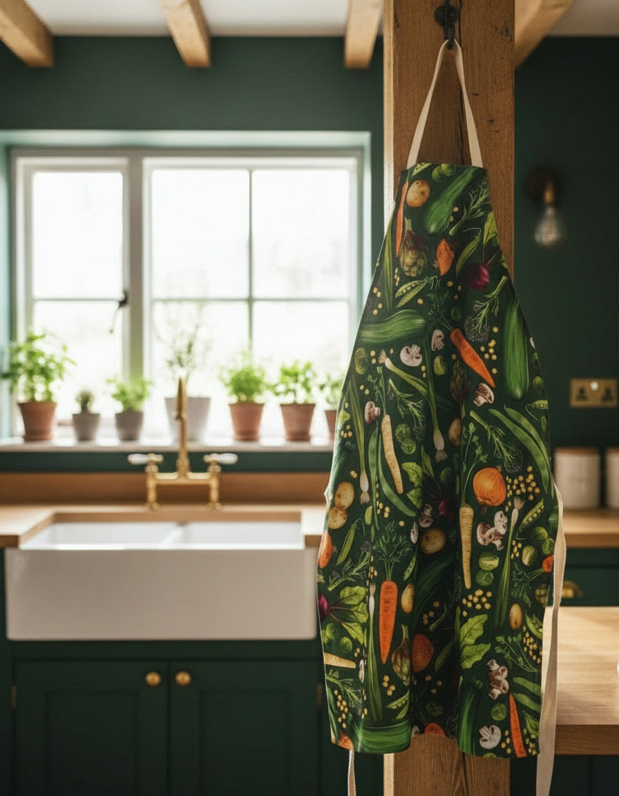 Green vegetable patterned apron with colorful vegetable pattern hanging in a luxury, dark green kitchen with oak beams