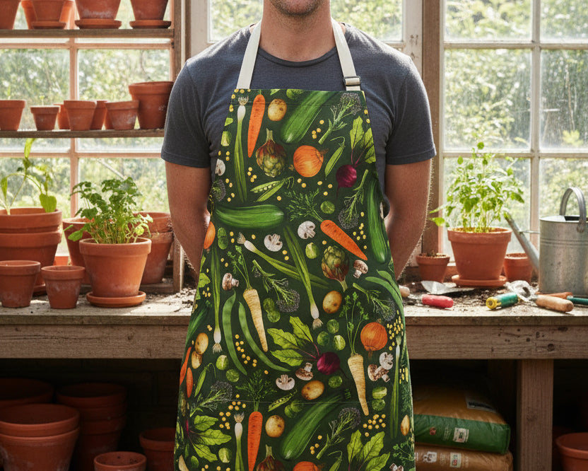 vegetable patterned apron worn by a man in his potting shed