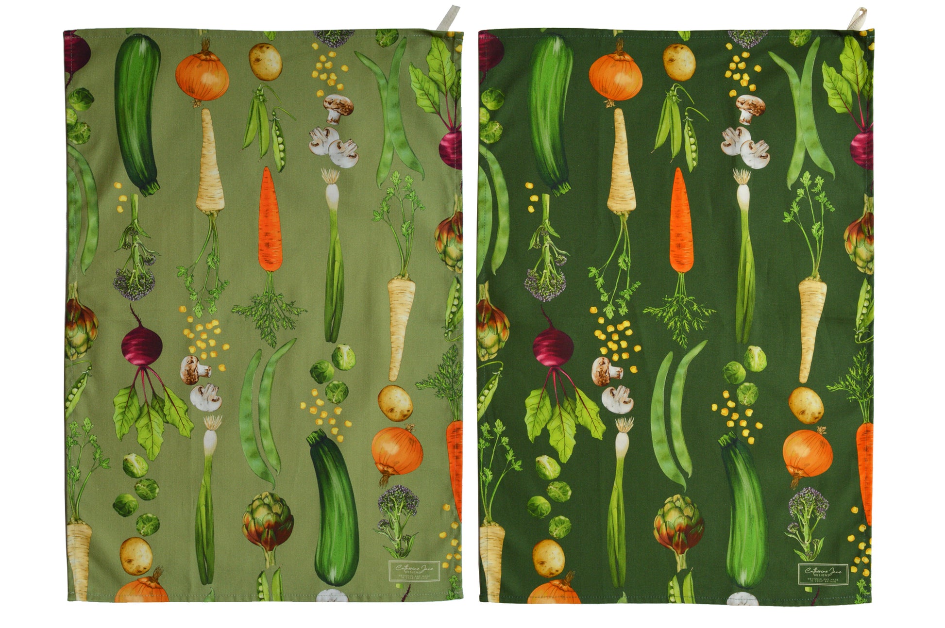 Cutout image of two pack vegetable rows colourful illustrated tea towels