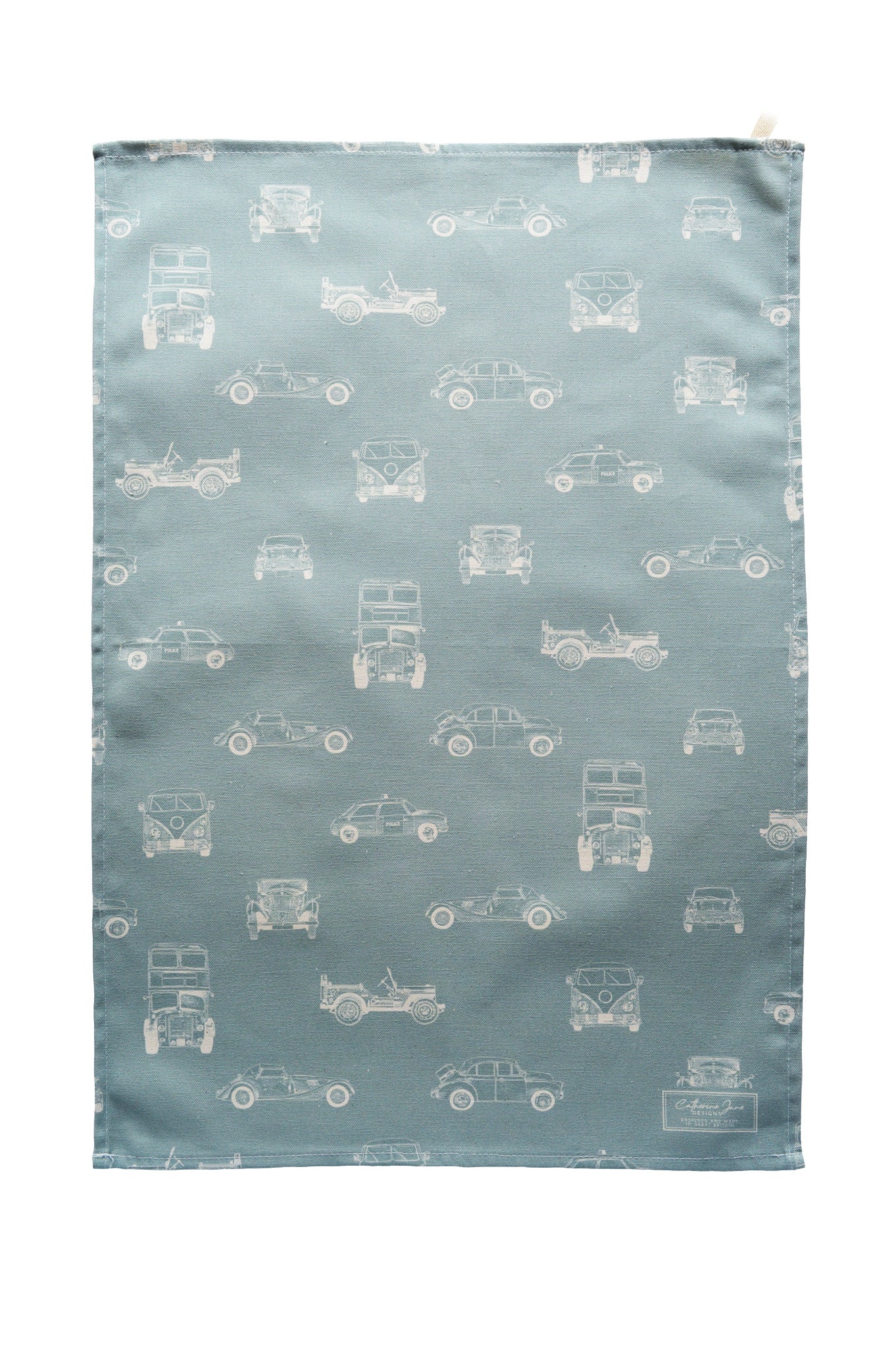 Cutout image of vintage vehicle illustrated tea towel with a dusky blue base