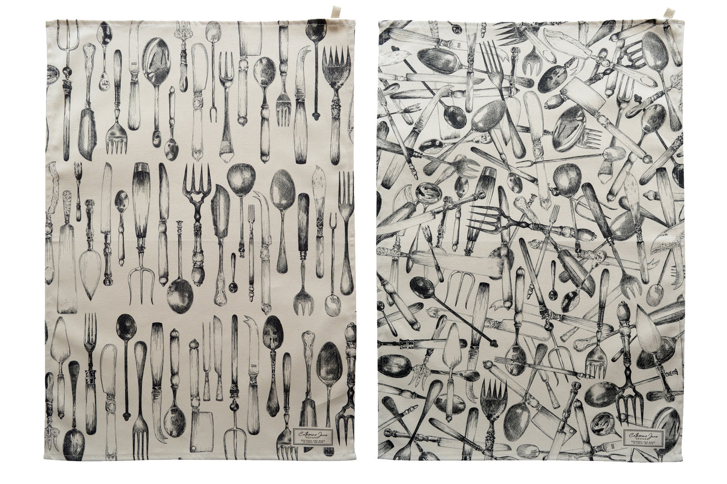 Cutout image of both the organised and chaotic cutlery illustrated tea towels by Catherine Jane Designs