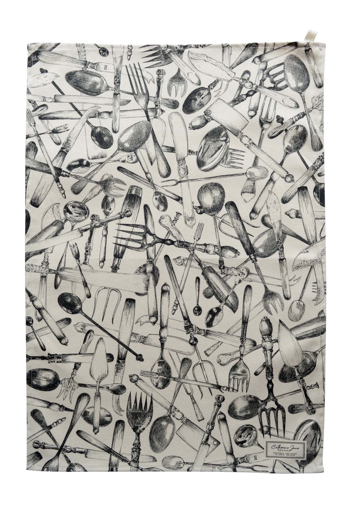 Chaotic Cutlery illustrated tea towel cutout image, monochrome