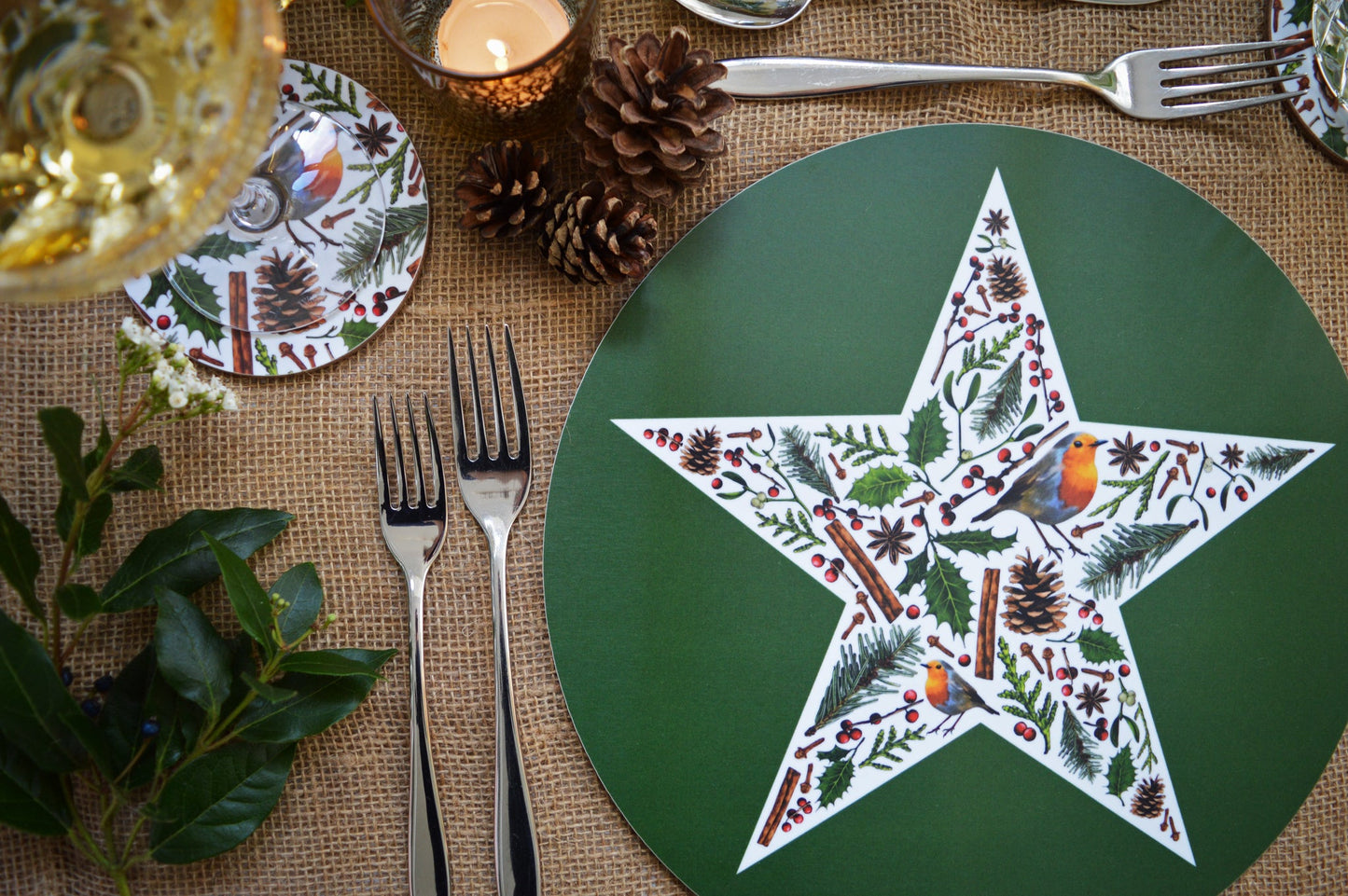 Close up of Christmas Green star placemat and elements coaster