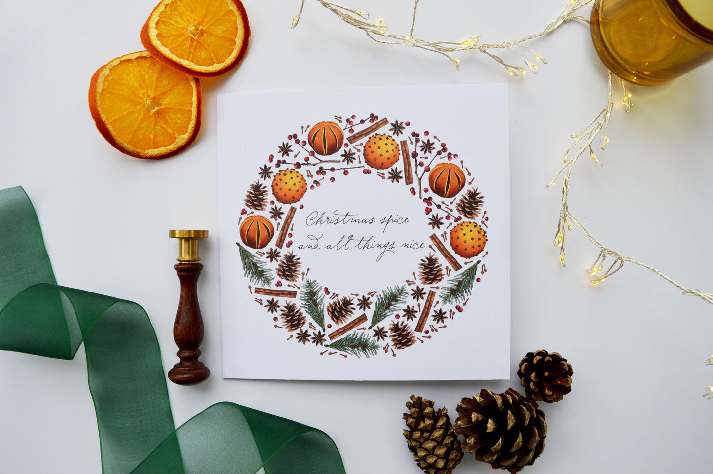 Christmas card with wreath design, Christmas spice and all things nice