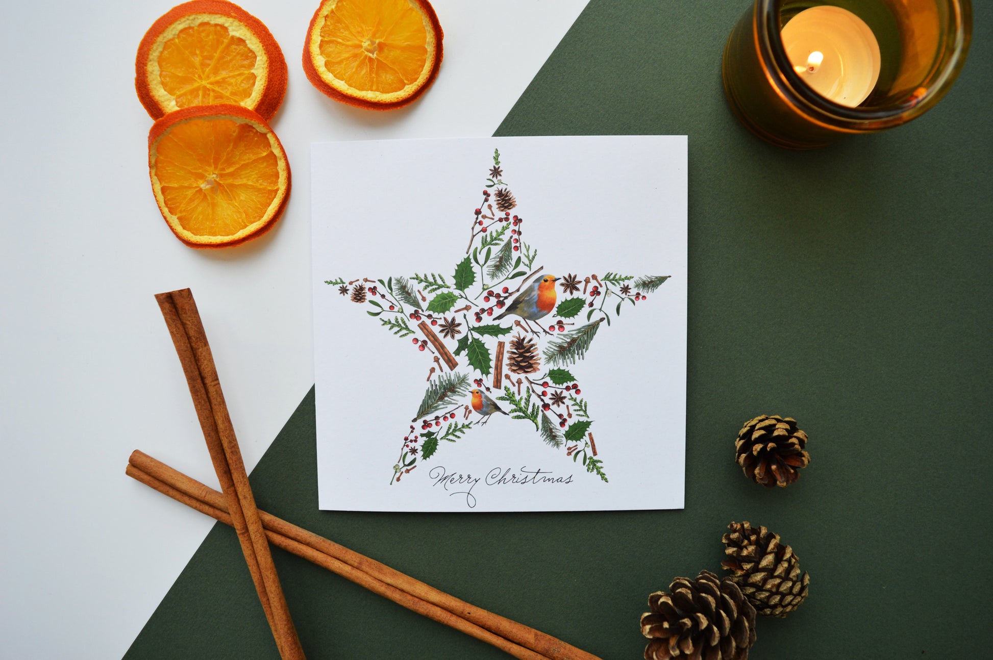 Christmas star card with robin, holly, fir cones and berries