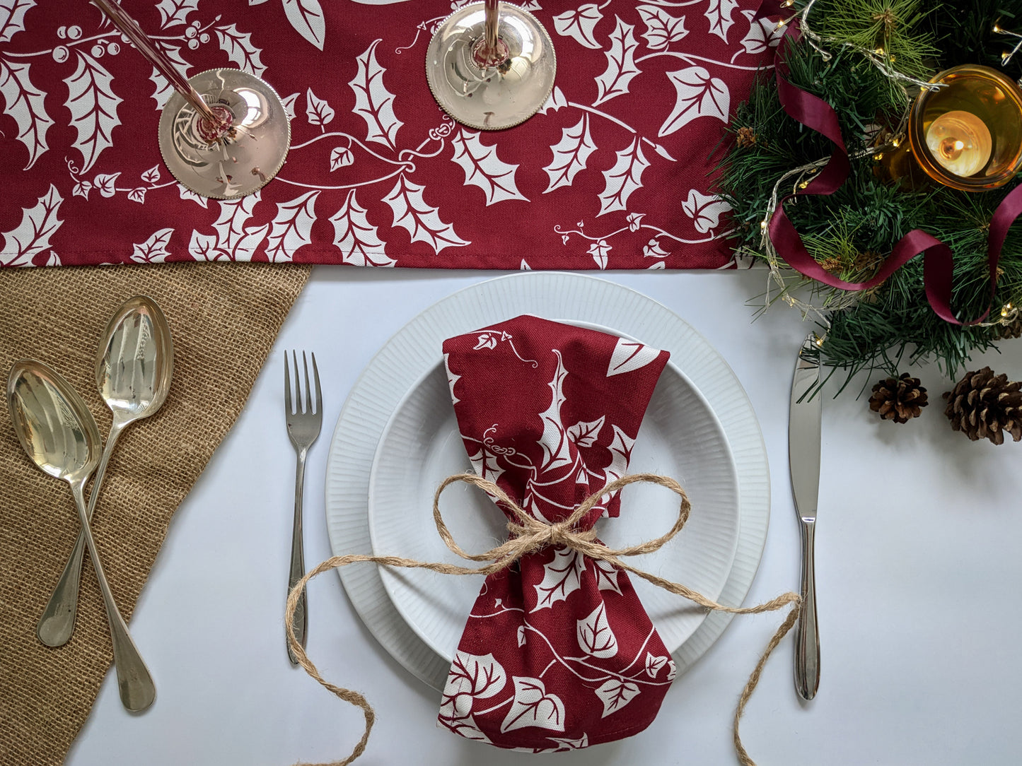 Christmas tablescape with beautiful Burgundy Holly and Ivy table runner and napkin